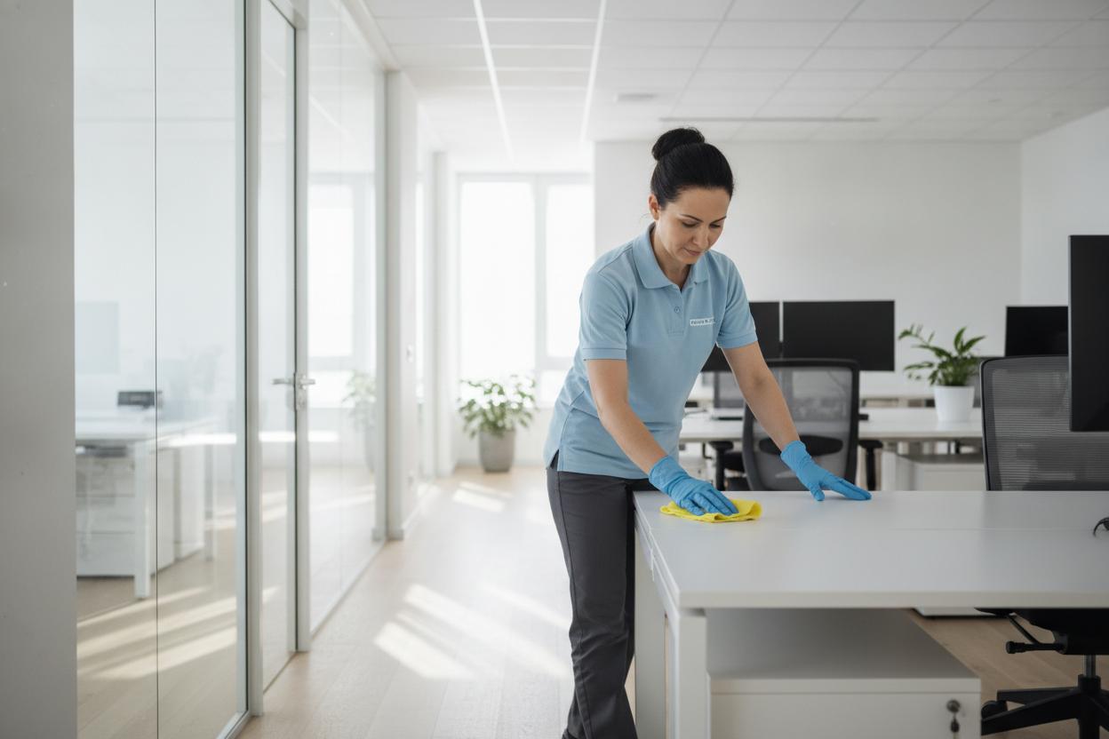Next Level Commercial Cleaning professional cleaner wiping surfaces with blue gloves in a modern office